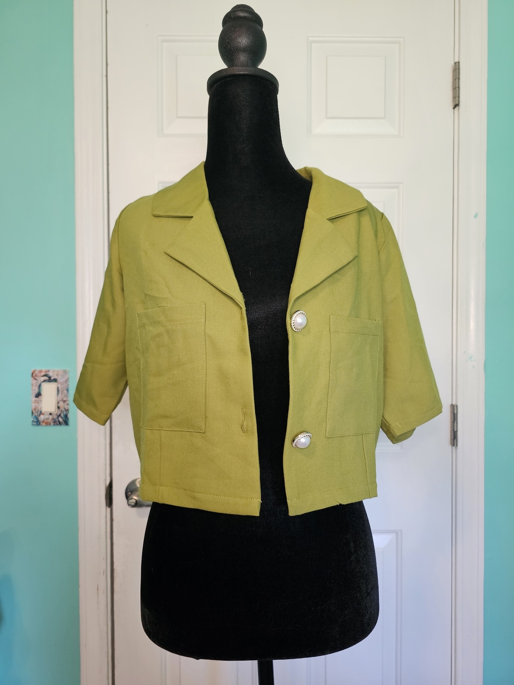 Vero Moda Cropped Blazer in Lime Green w/ Pearl Buttons Women's Size L NWT - Picture 2 of 13